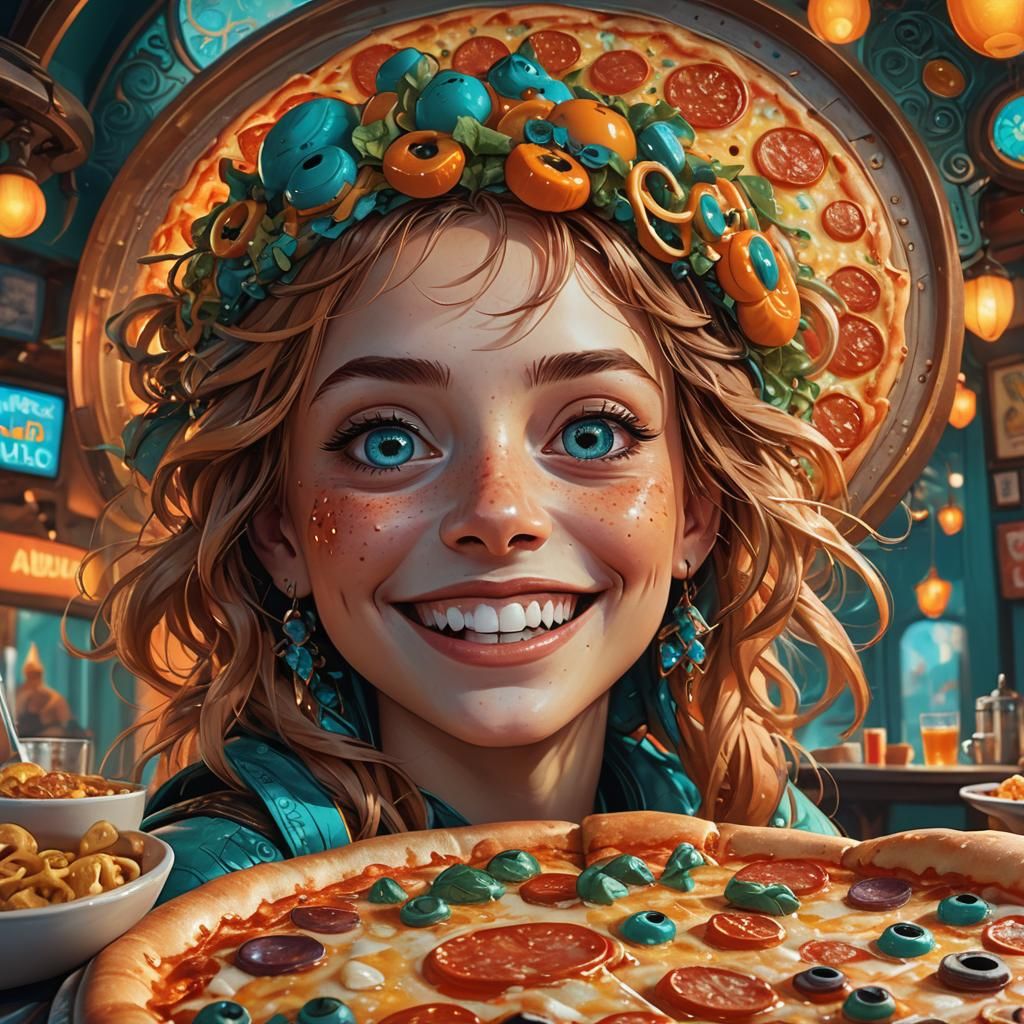 Laughing Pizza in Fantasy Cafe: Hyper-Realistic Digital Art