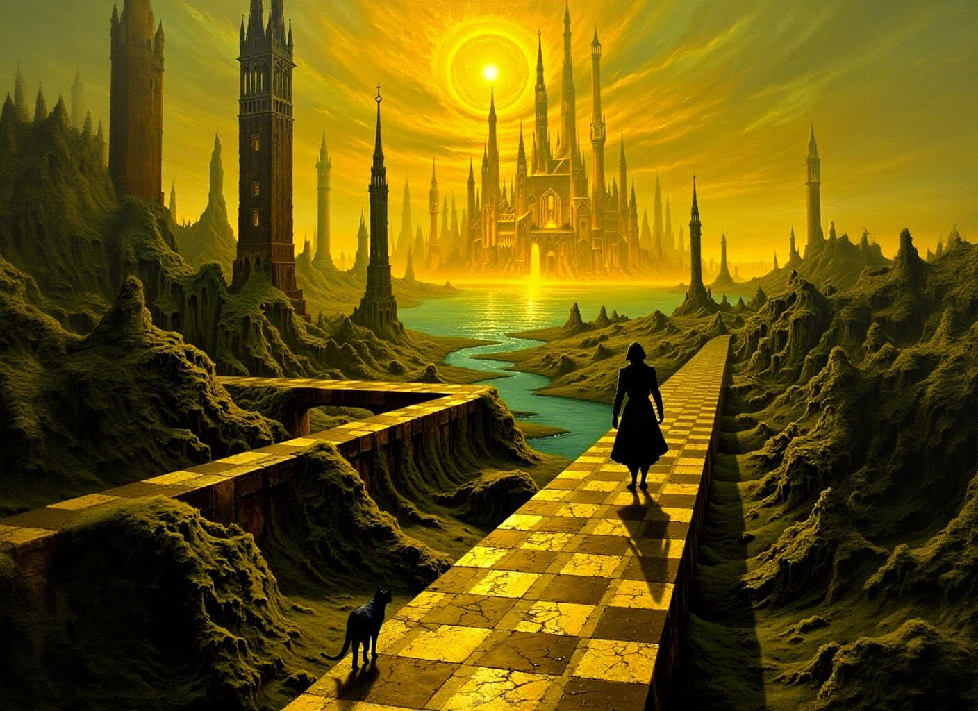 Surreal Architectural Landscape with Golden City