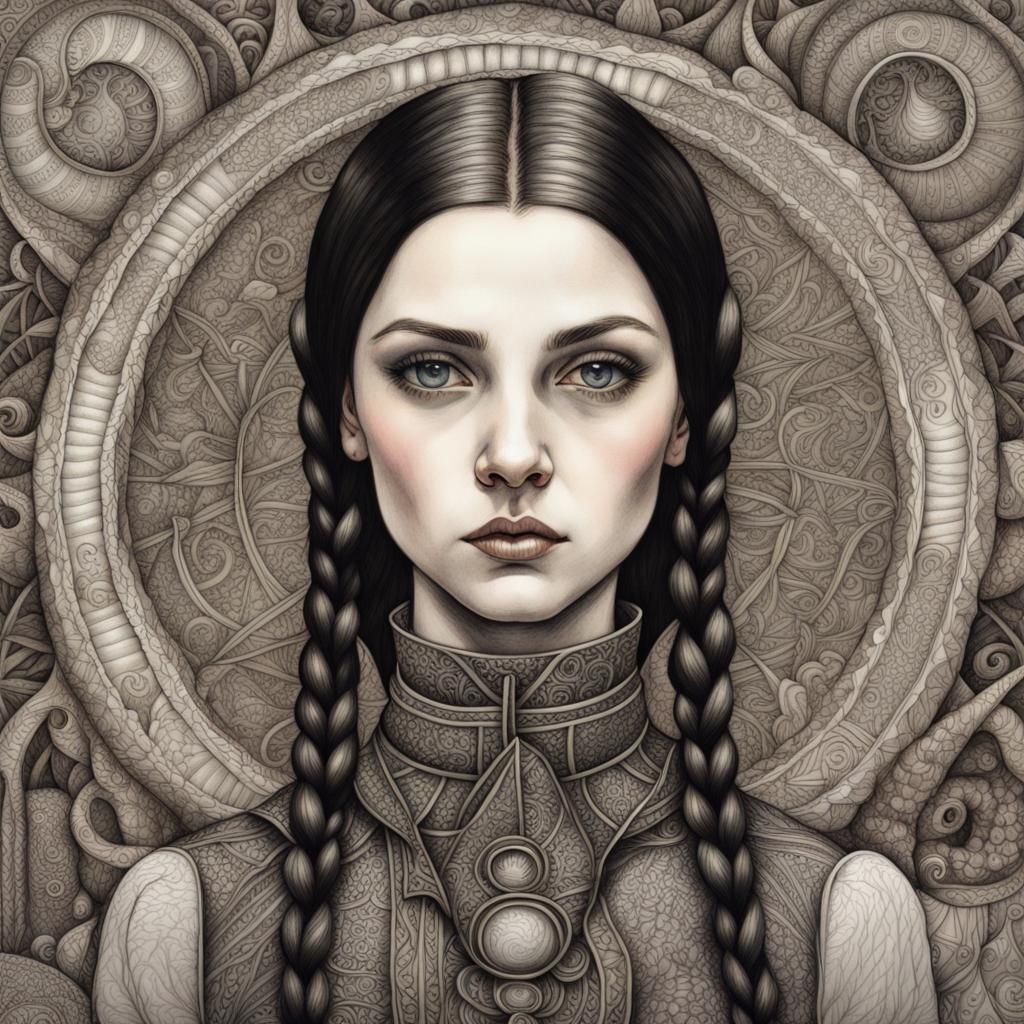 Wednesday Addams in Zentangle Style Line Art