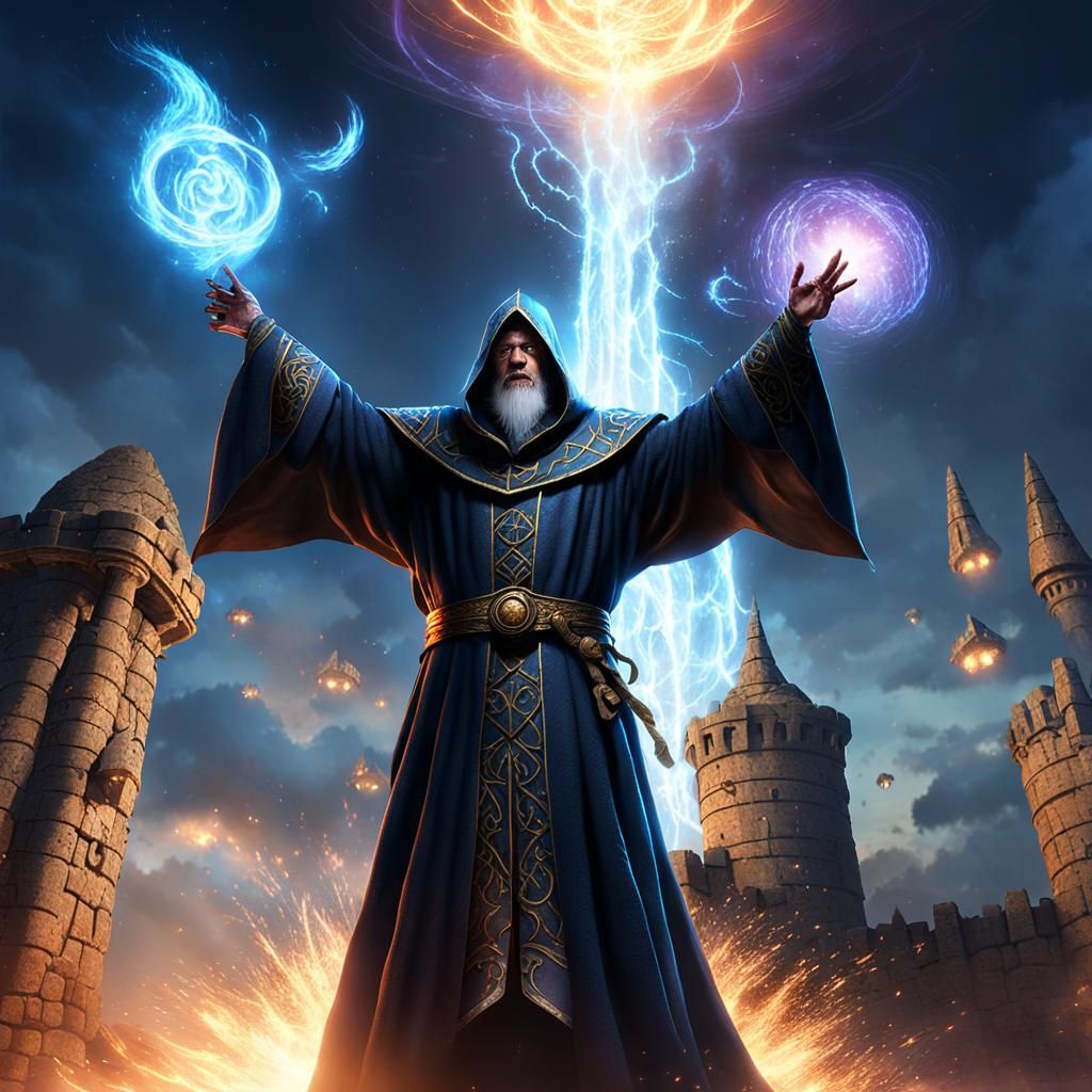 Wizard on Ancient Tower Casting Magic, Dark Fantasy Art