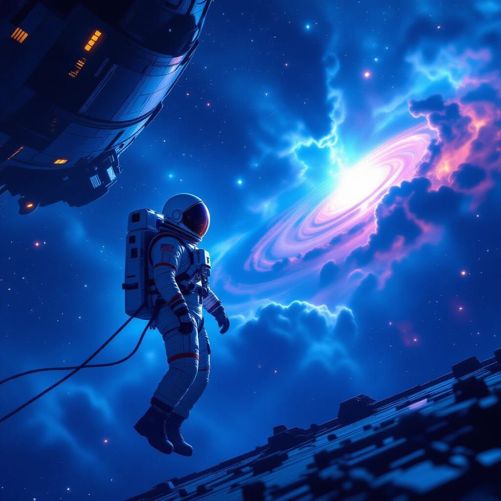 Lost Astronaut Among Vibrant Nebulae in Space