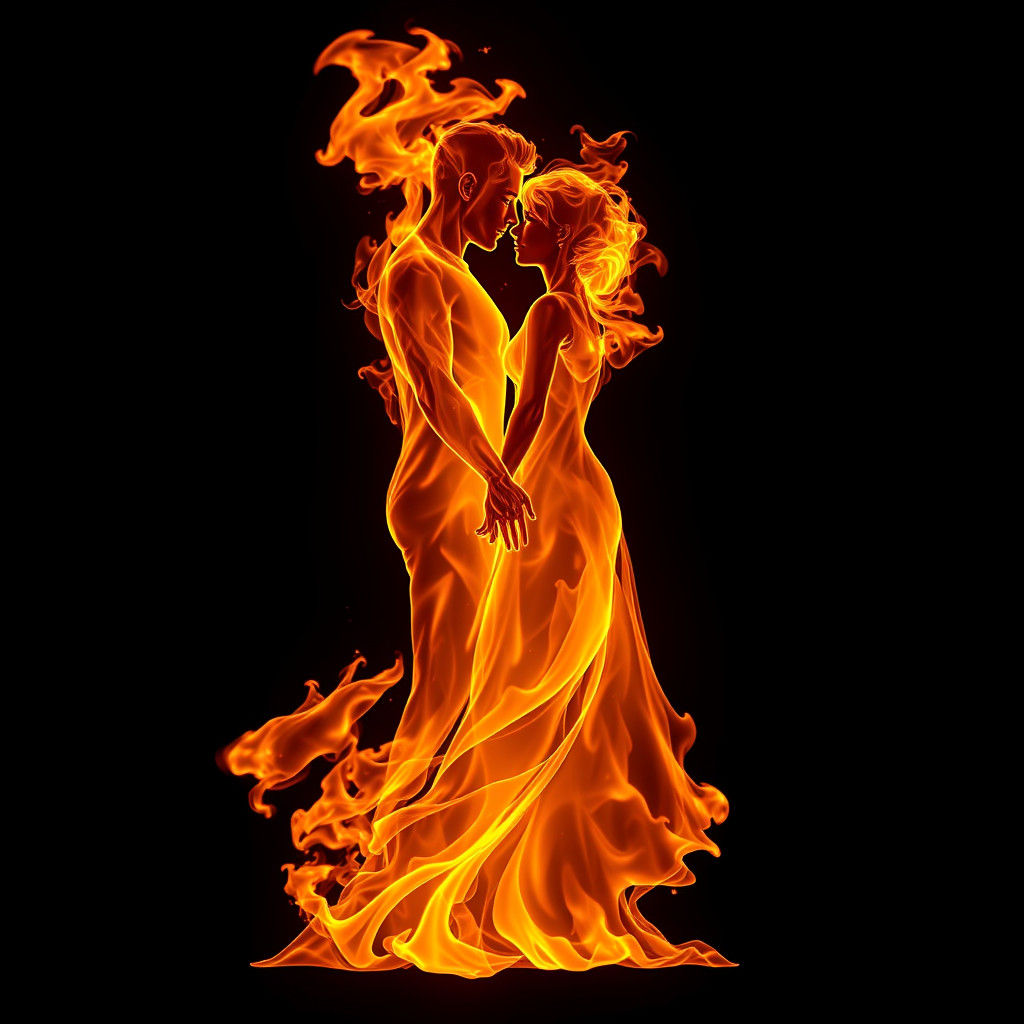 Flaming Couple's Silhouette in Hyperrealistic Style