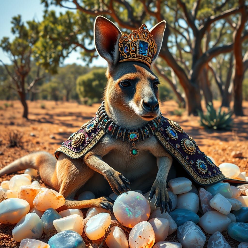Regal Kangaroo Lounging on Opals in Folk Art Style