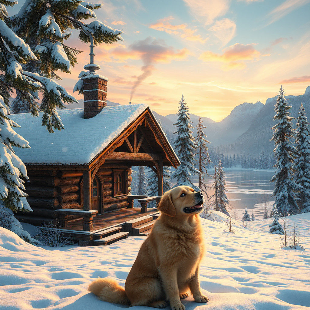Snowy Mountain Cabin in Detailed Matte Painting Style