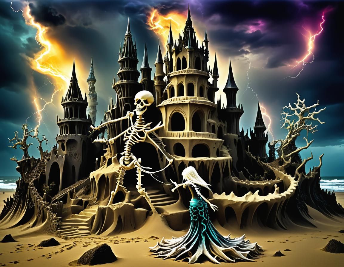 Darkpunk Mermaidcore Sandcastle Arcology with Dancing Skelet...