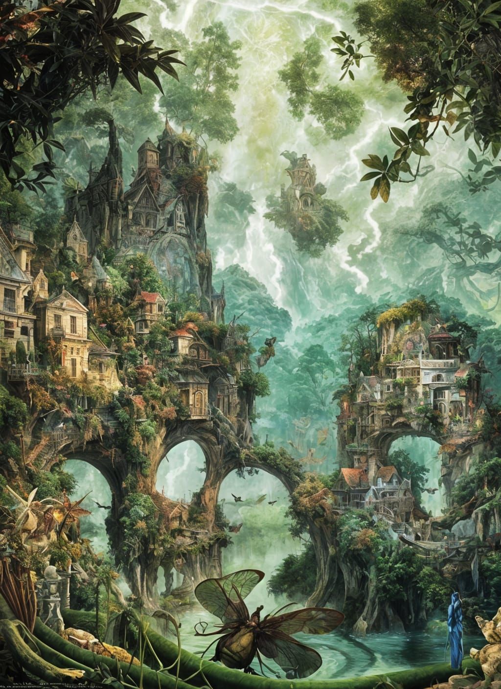 Lush Garden Scene in Surreal Style