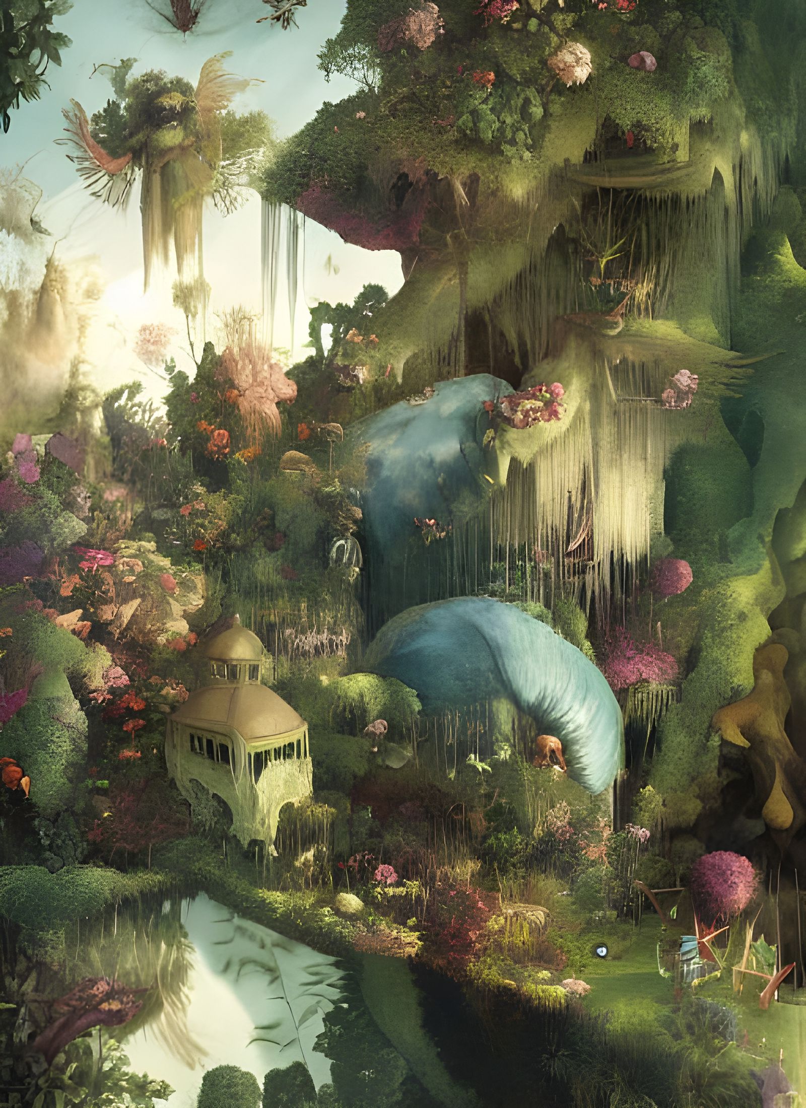 Lush Garden Scene with Surreal God Rays