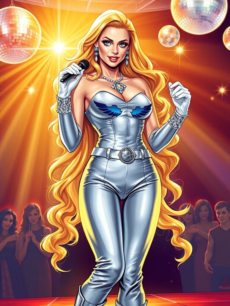 Dazzler Performs on 1970s Disco Stage in Shimmering Style