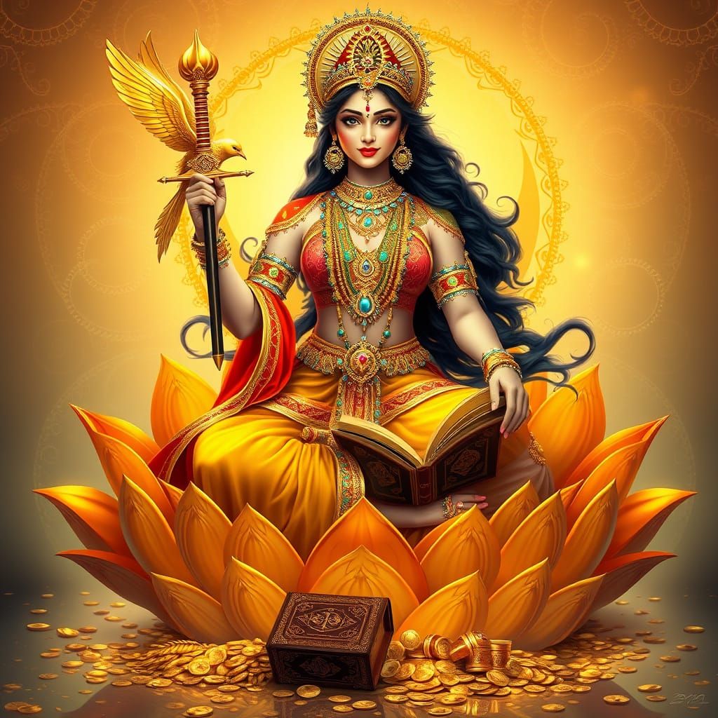 Regal Indian Goddess in Golden Lotus Splendor