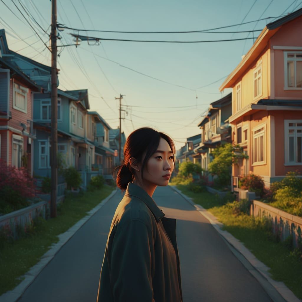 Asian Woman Walking at Dusk: Hyperrealistic Digital Art