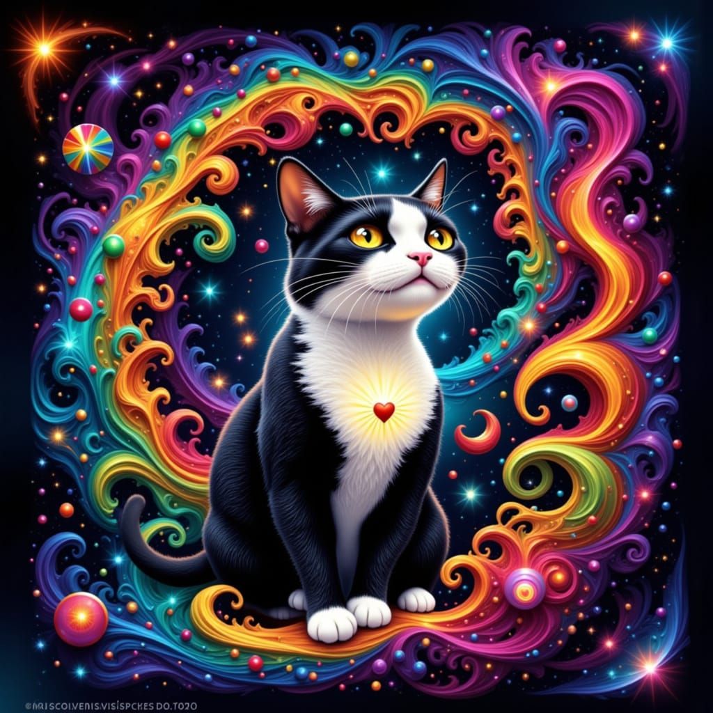 Tuxedo Cat with Swirling Sound Waves