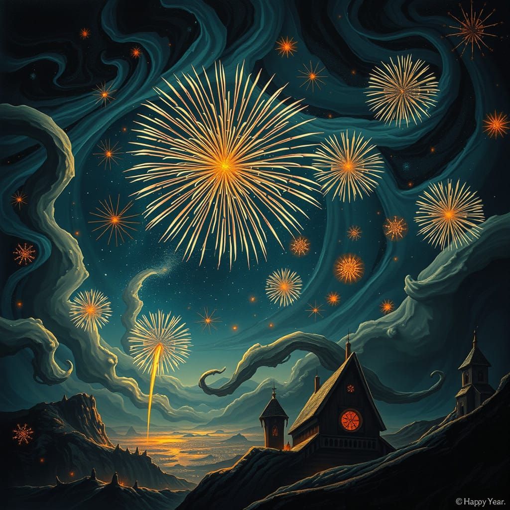 Surreal New Year Fireworks in a Fantastical Atmosphere