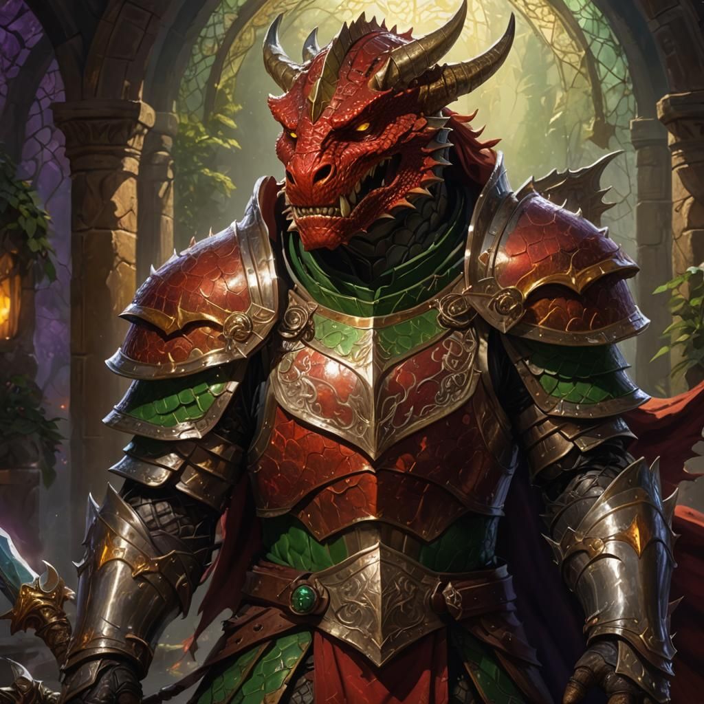 Friendly Red Dragonborn Paladin in Dark Fantasy Style