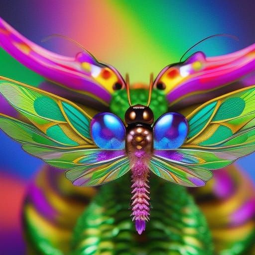 Close Up dragon-fly face with friendly smiling face, Transparent iridicent Wings and body Candy art style! Whimsical pla...