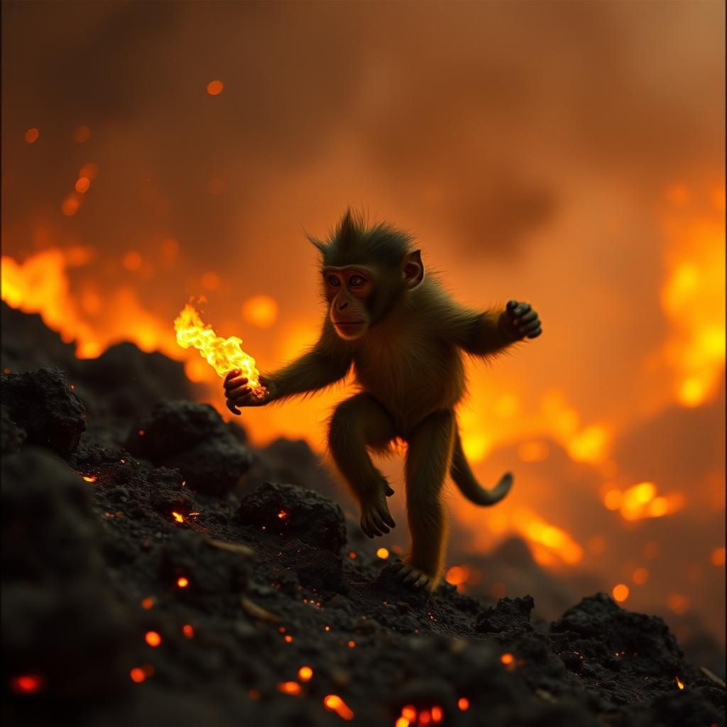 Monkey in Volcanic Landscape: Cinematic Film Still