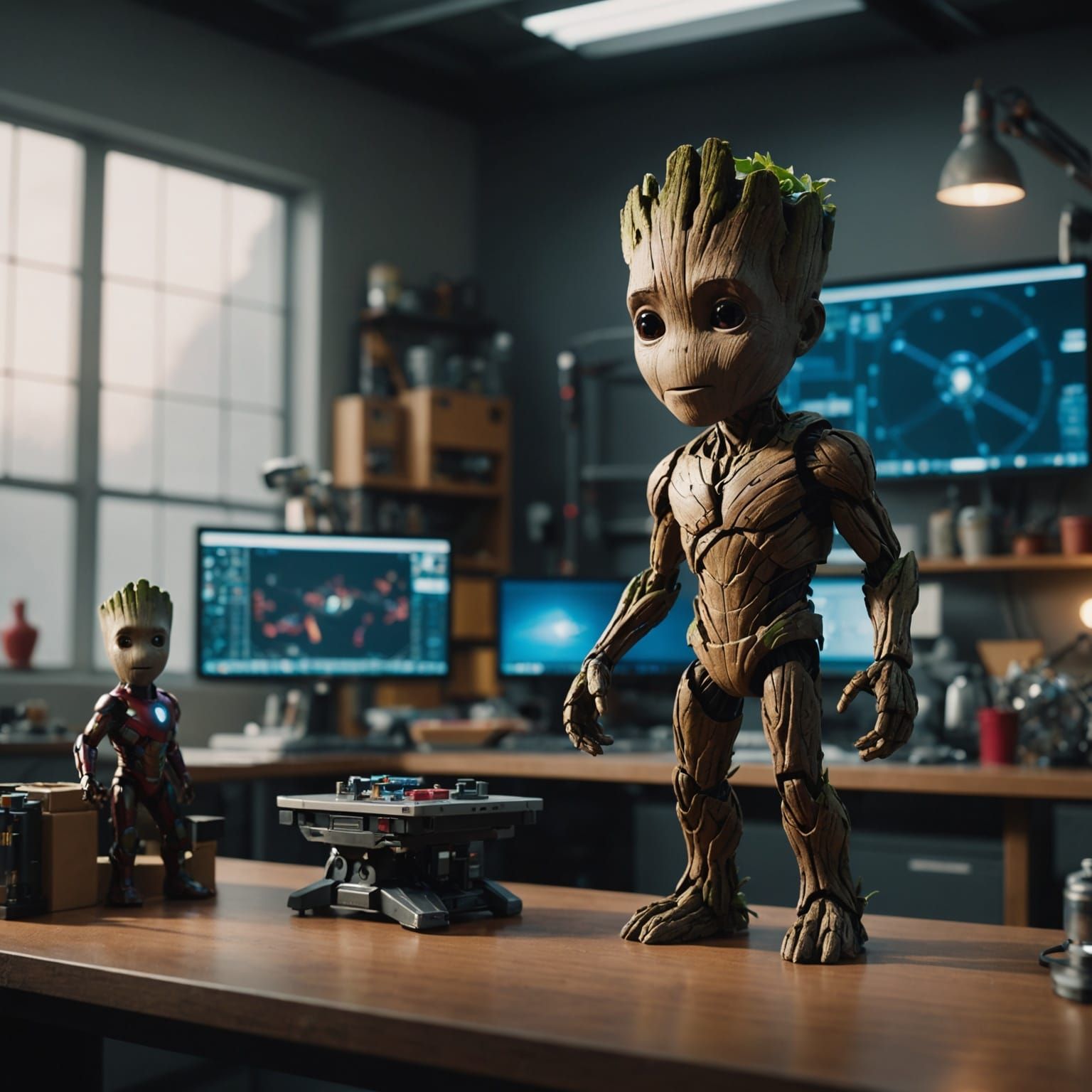 Baby Groot Watches Iron Man in Lab: Cinematic Film Still