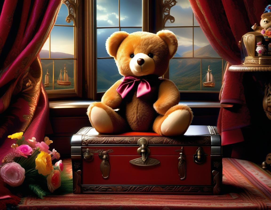 Teddy Bear and Doll in Ornate Room