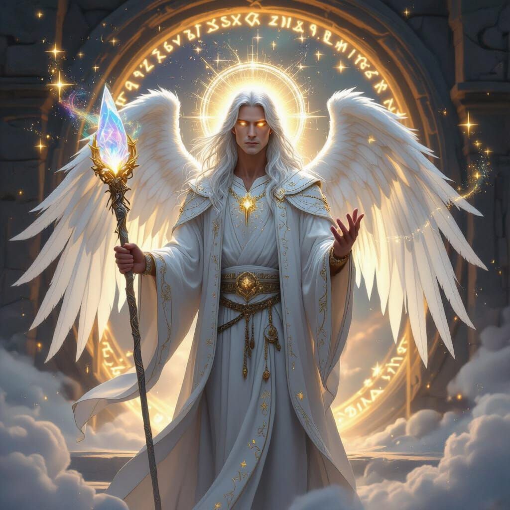Angelic Wizard with Silver Hair and Glowing Eyes in Sacred F...