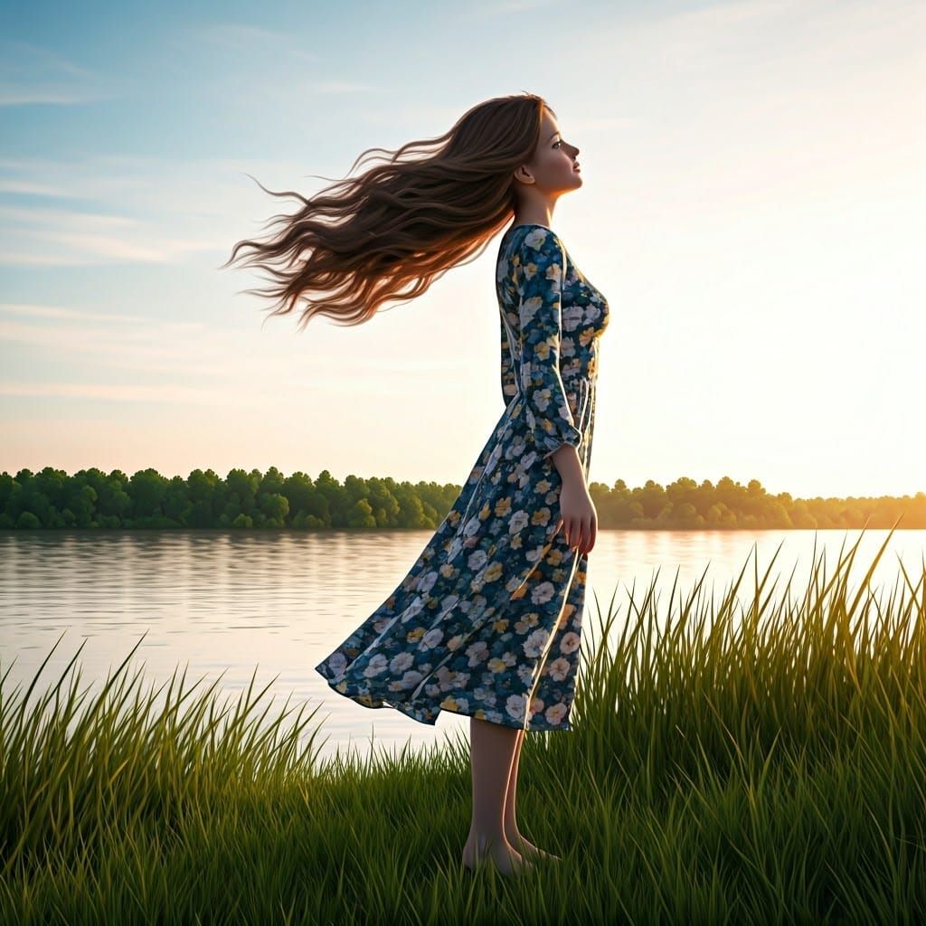 Woman in Flowing Dress by River in 4D Illustration