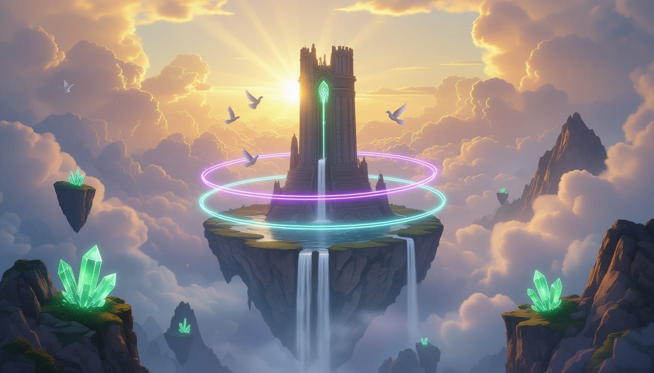 Majestic Floating Island With Ancient Tower and Golden Sunli...