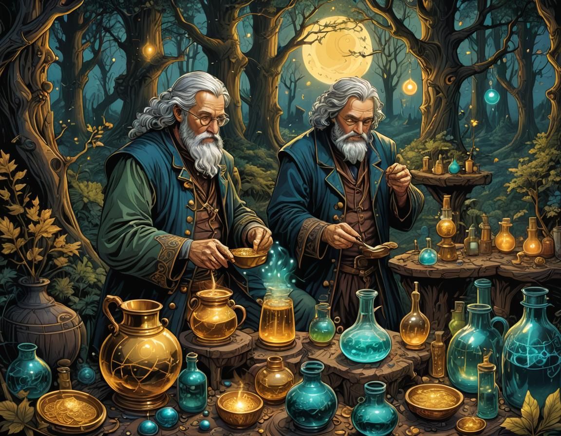 Medieval Alchemist Brewing Potions in Forest Glade
