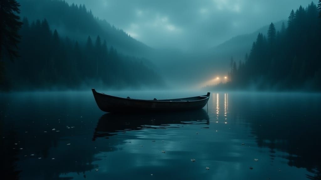 Mysterious Antique Rowboat on Misty Lake at Midnight