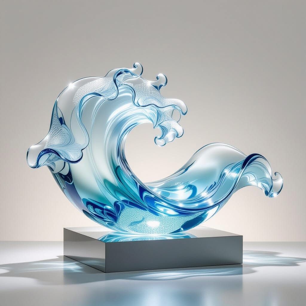 Glass sculpture wave on plinth