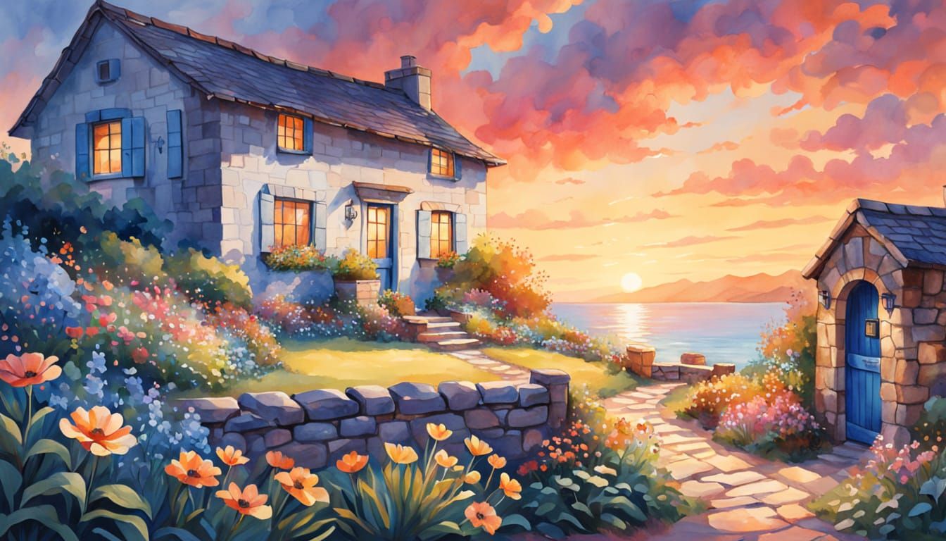 Idyllic Seaside Cottage in Watercolor Impressionist Style