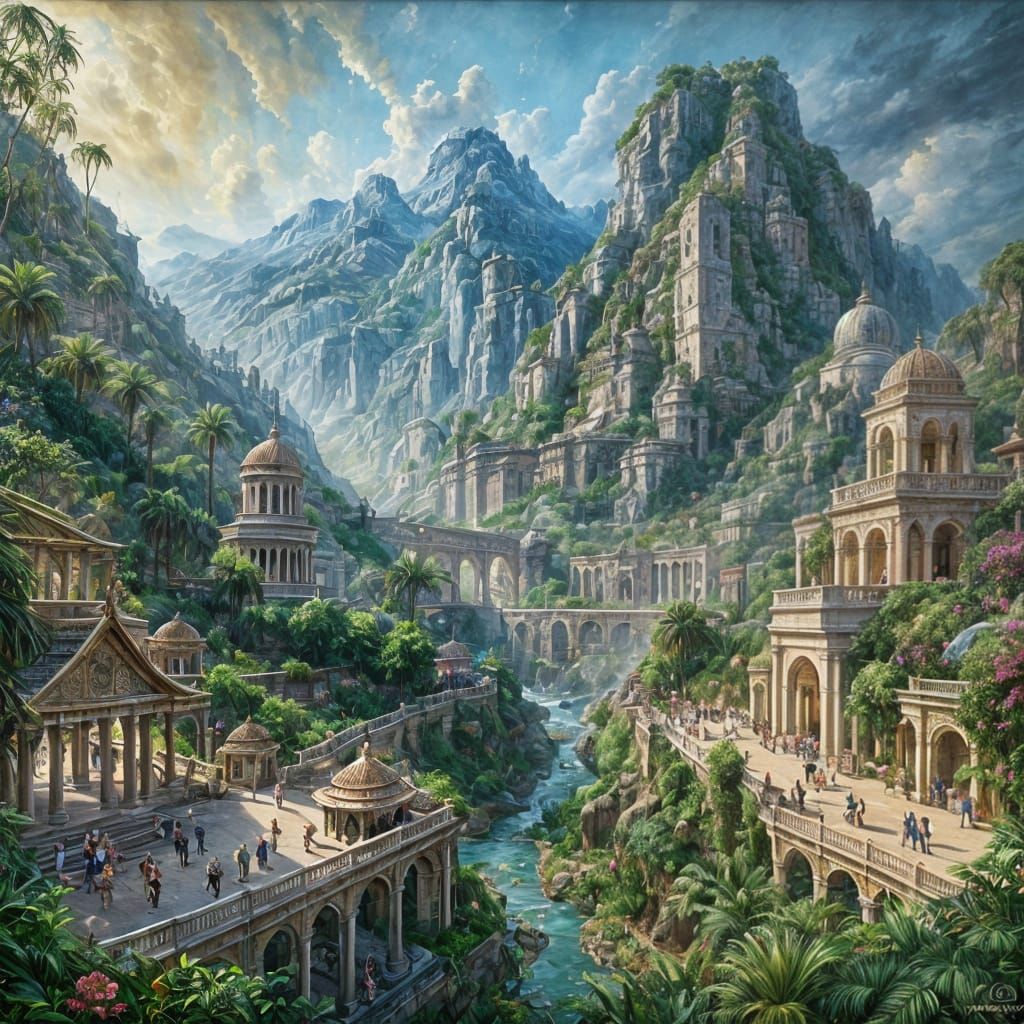 Epic Gouache Masterpiece of The Hanging Gardens of Babylon