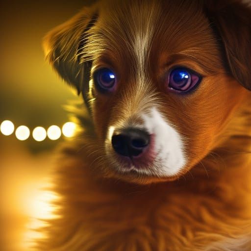 Cute Puppy Portrait with Bokeh Lights Background