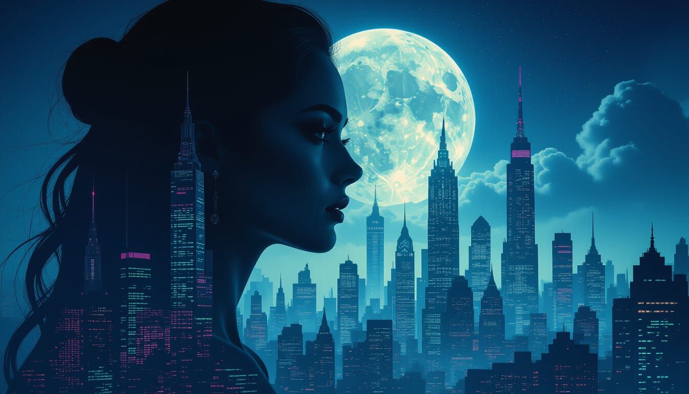 Surreal Double Exposure: Woman's Face Merges with Gothic Cyb...