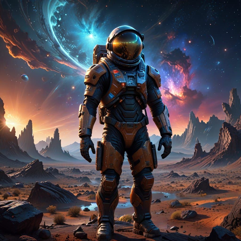 Astronaut on Alien Planet Gazing at Nebula