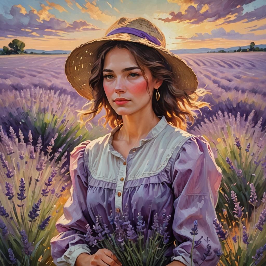Woman in Lavender Field: Impressionist Oil Painting