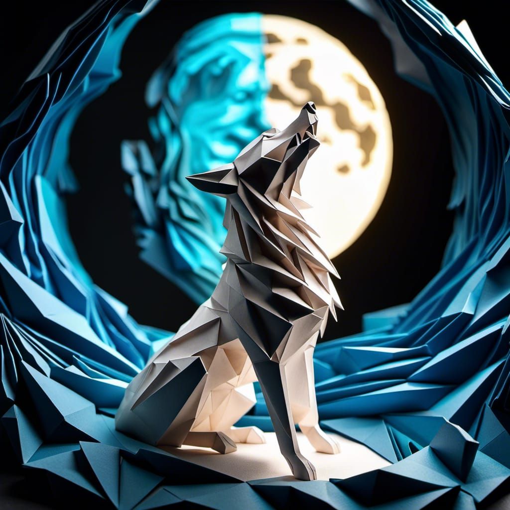 Fantastical White Wolf Paper Sculpture Howling at Moon