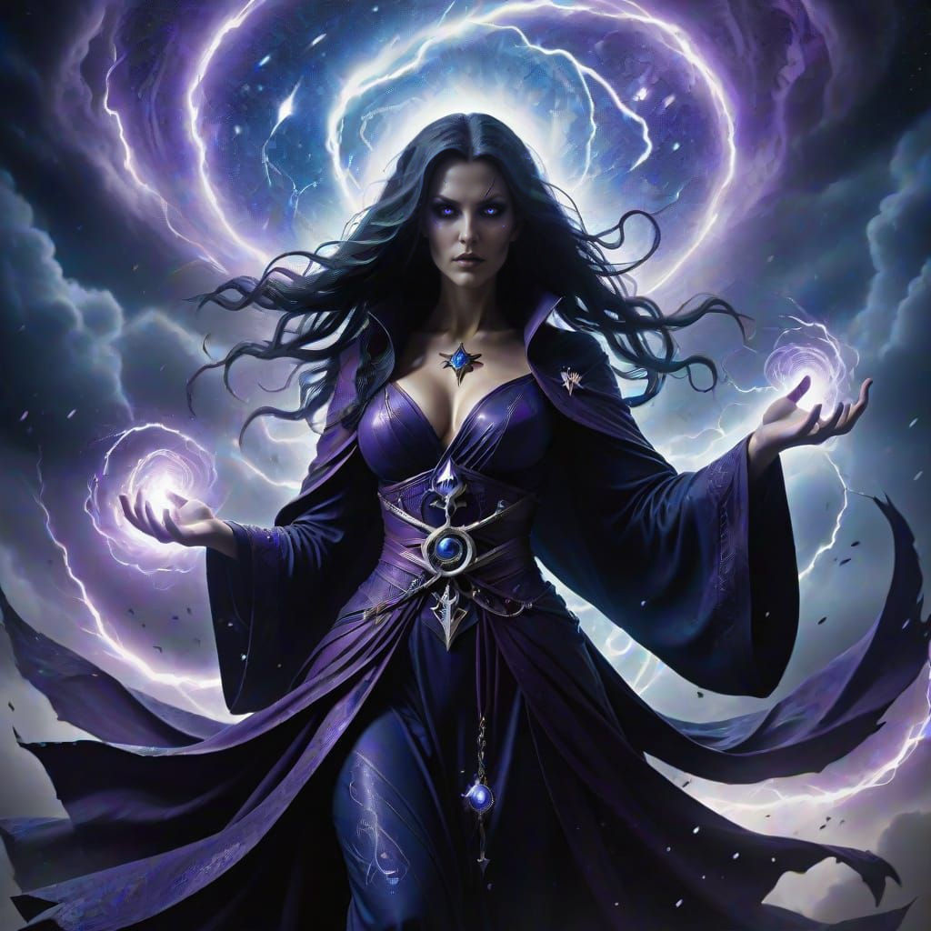 Sorceress Commanding Cosmic Storm in Dark Fantasy Style