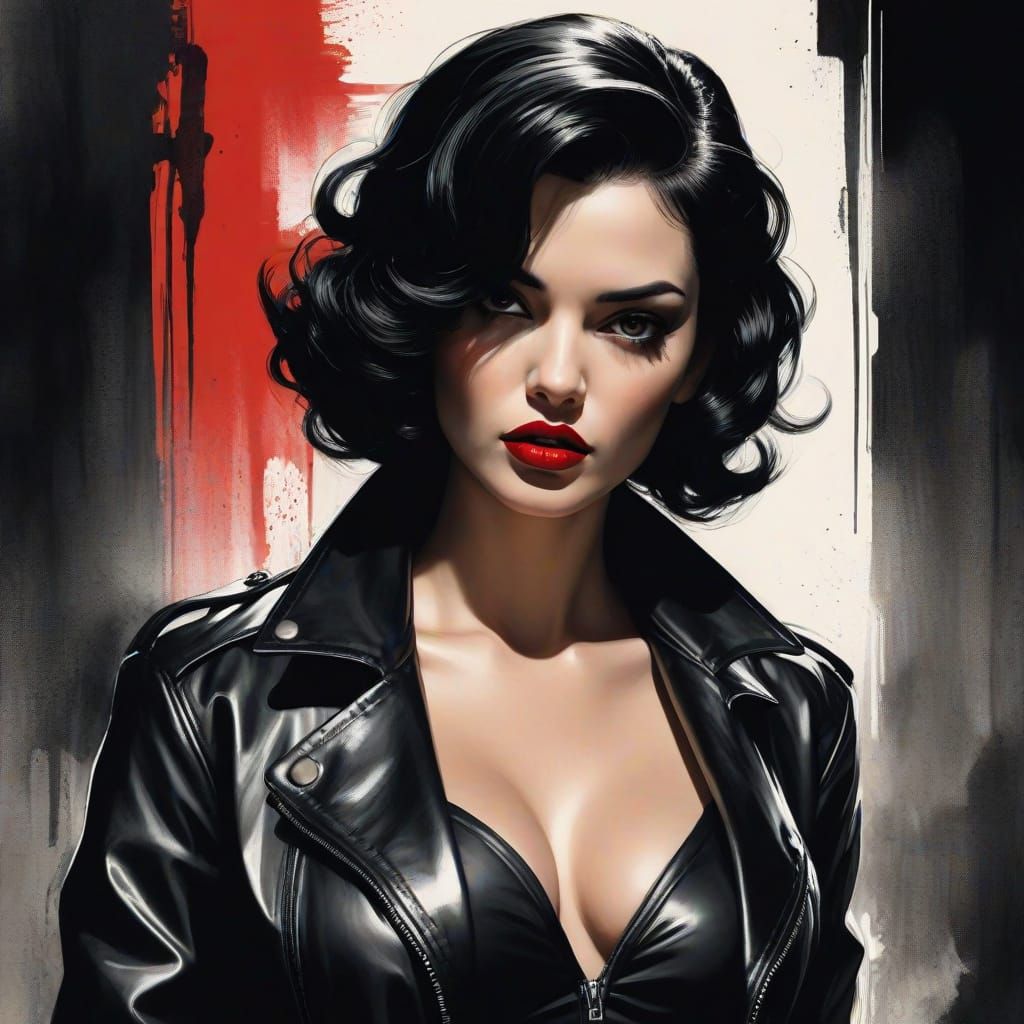 Seductive Rockabilly Noir Femme Fatale in Watercolor