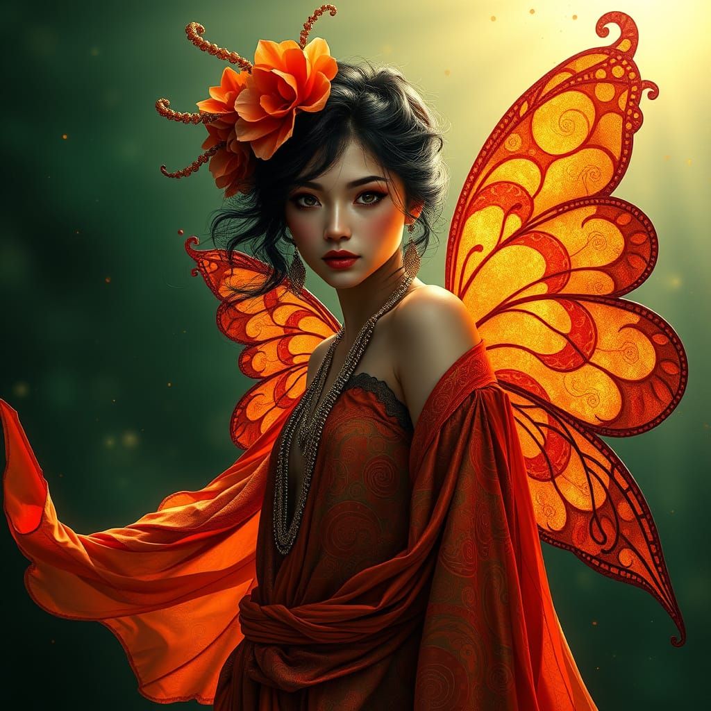 Dark Fantasy Bohemian Fashion Icon in Fiery Orange, Red, and...