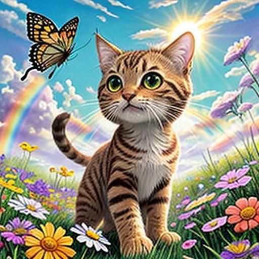 cute baby brown tabby cat with big head and eyes chasing a butterfly through a field of grass and beautiful flowers with...