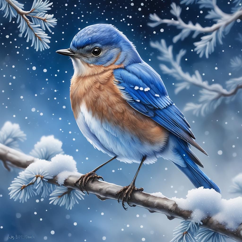 Bluebird on Frosted Branch in Watercolor Landscape