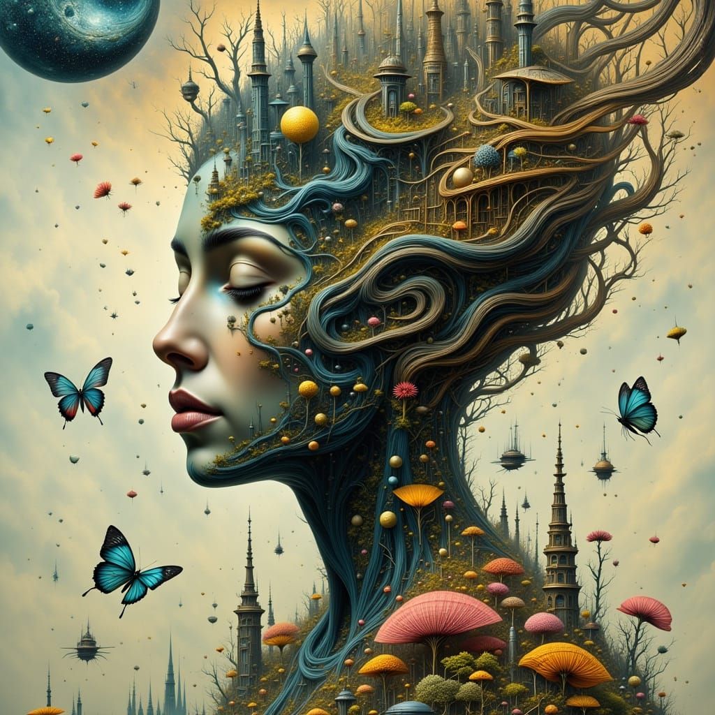 Ethereal Woman in Cosmic Star Smoke, Double Exposure Portrai...