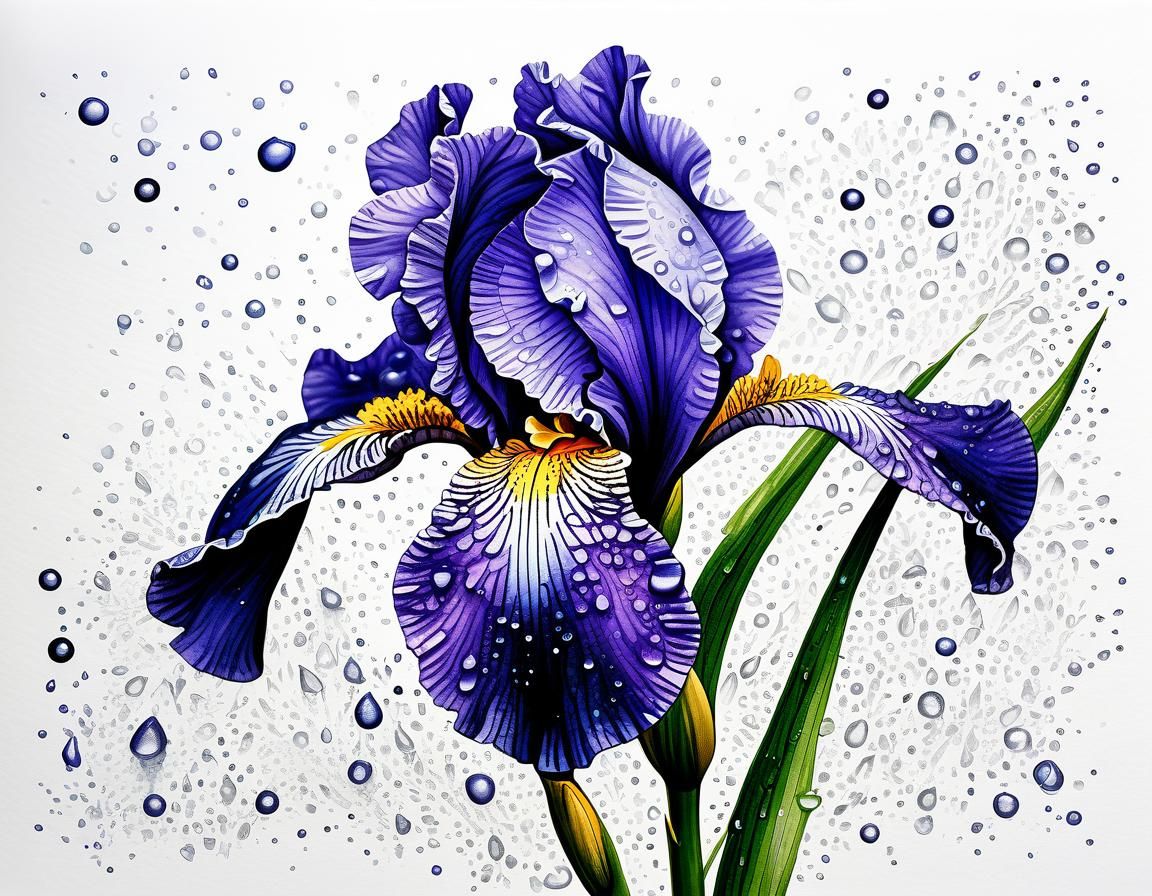 Dew-Kissed Iris: A Hyperdetailed Ink Drawing