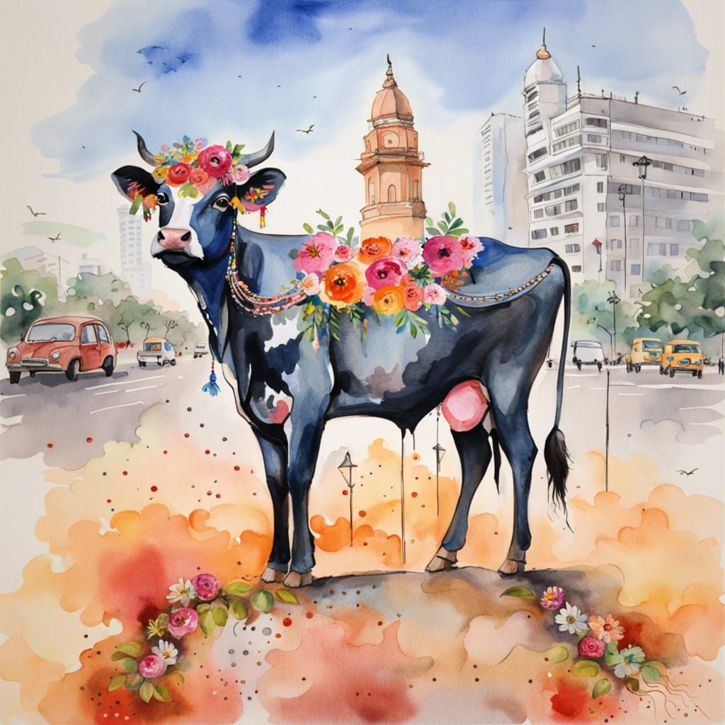 Sacred Cow in Mumbai: Watercolor Ghibli Style