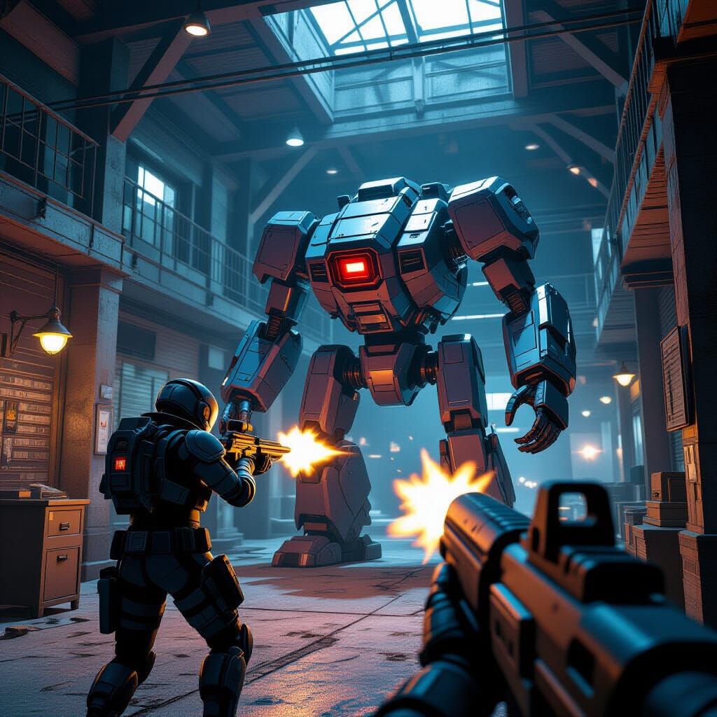 Armored Robot Boss Fight in Cyberpunk Bandit Building