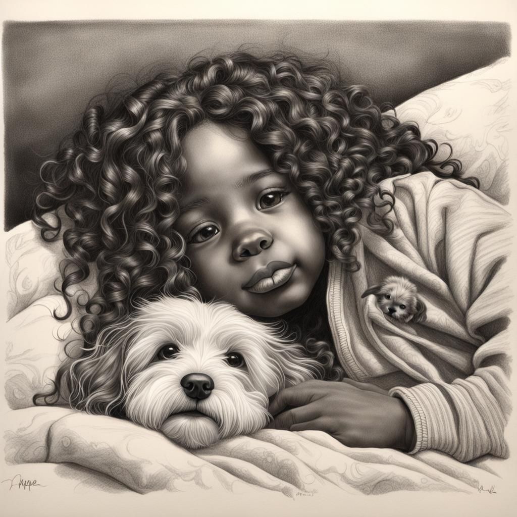 Realistic Pencil Drawing of Girl with Puppy