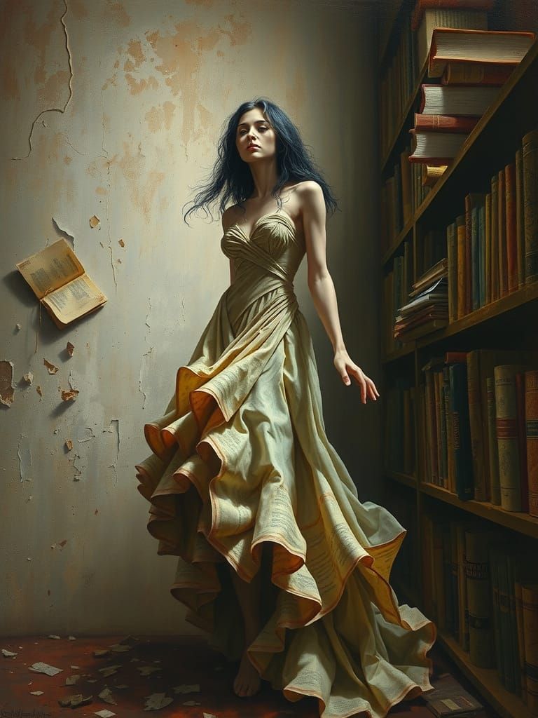 Ethereal Spirit in Dusty Library, Oil Pastel Style