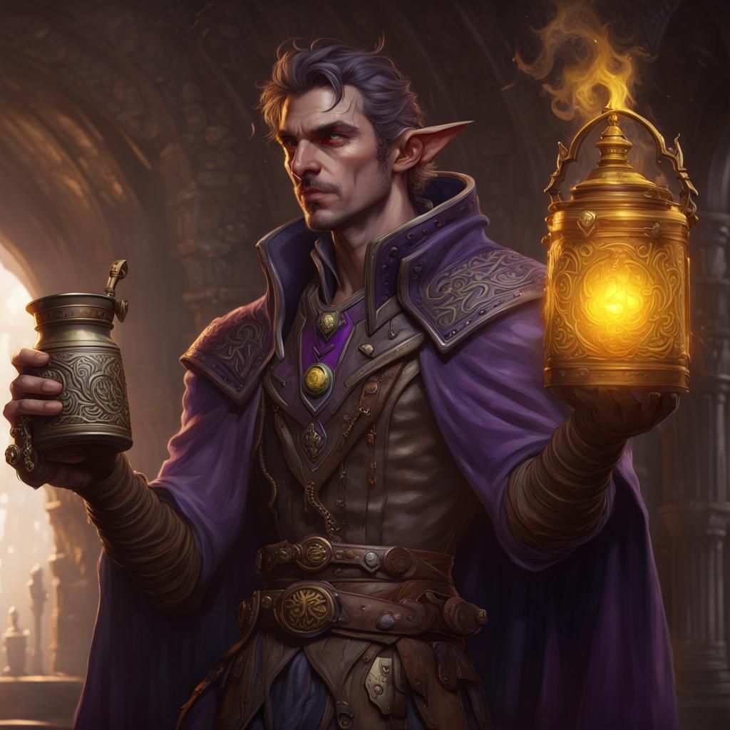 D&D Elf Warlock with Coffee Flask, Dark Fantasy Art