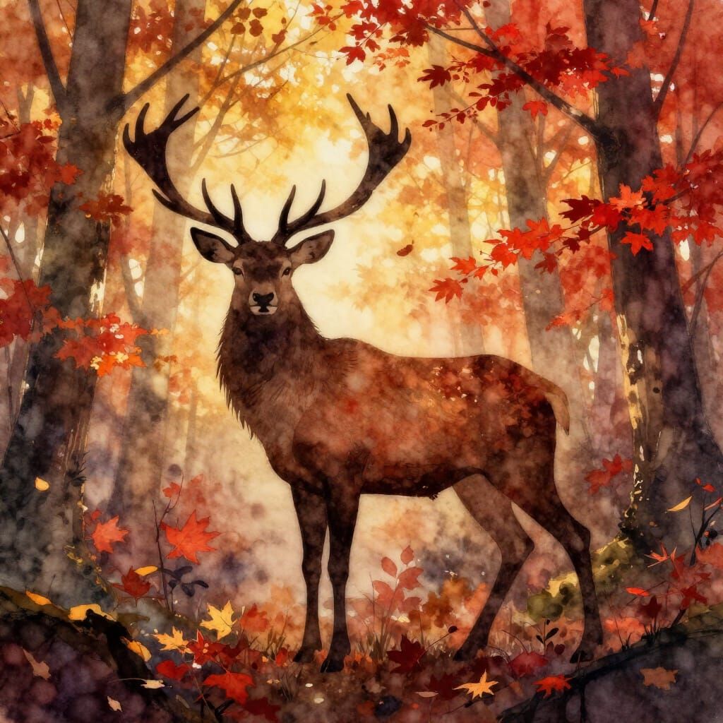 Forest Spirit and Stag in Autumn Watercolour