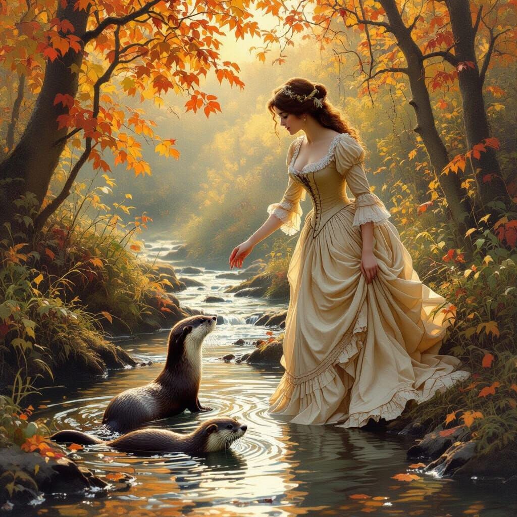 Victorian Woman Reaches for Otter in Autumn Forest