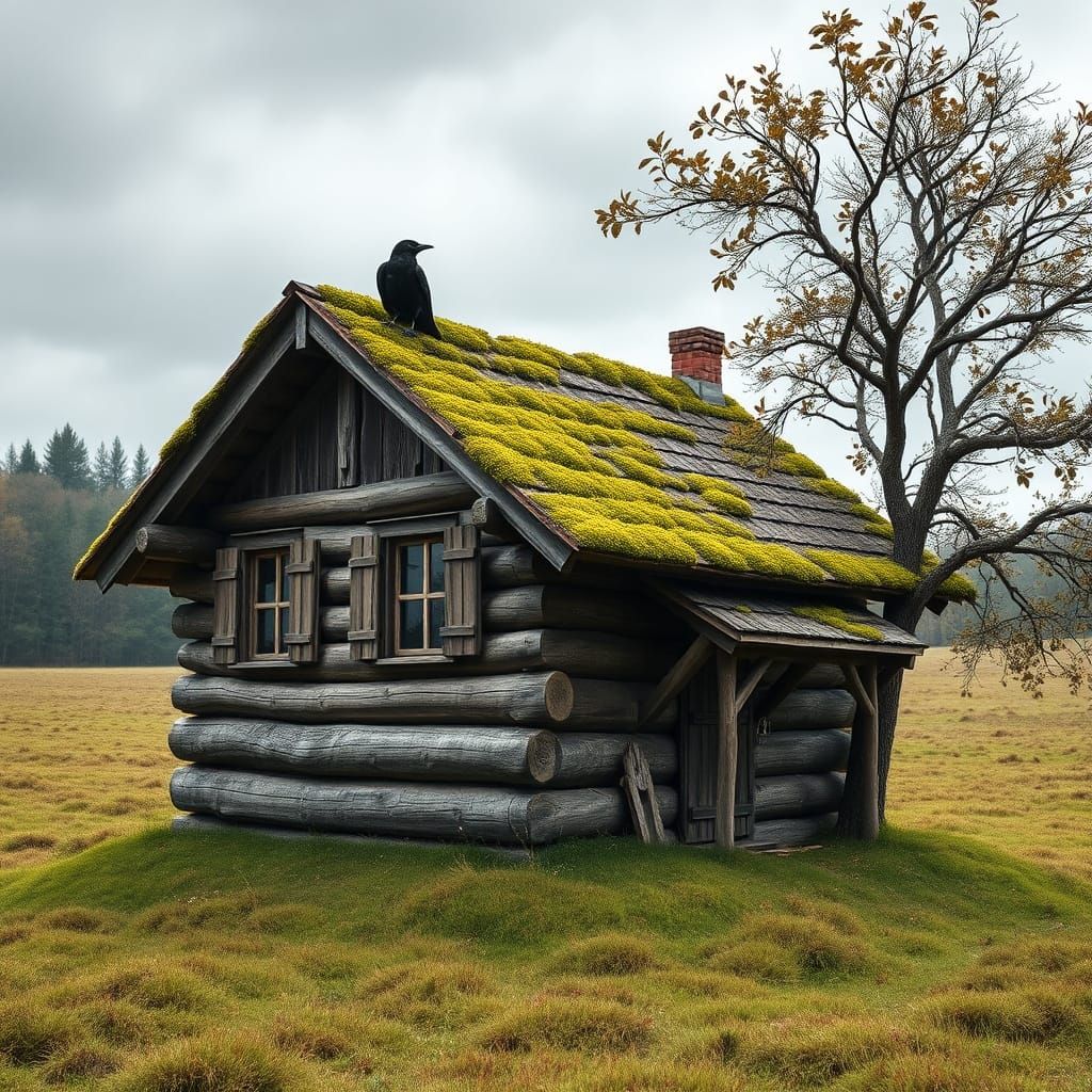 Mossy Log House with Raven and Crow