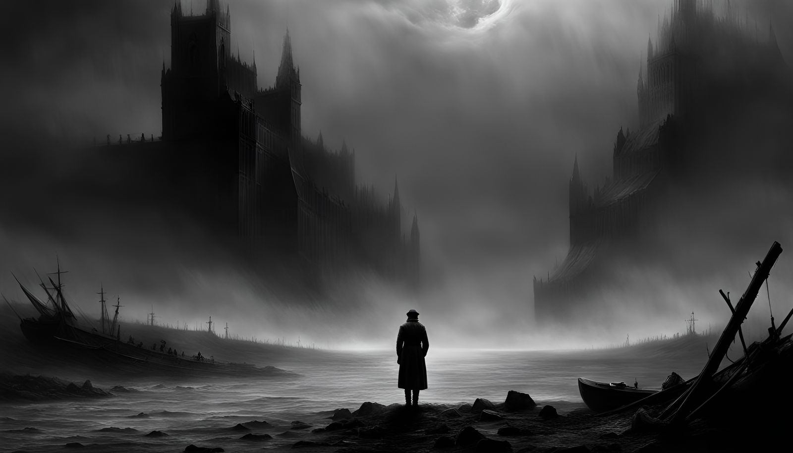 Surreal Post-Apocalyptic Dreamscape in Charcoal Style